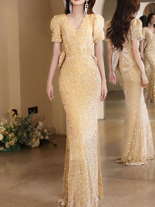  Mermaid / Trumpet Quinceanera Dresses Elegant Dress Formal Wedding Floor Length Short Sleeve V Neck Polyester with Sequin 2025