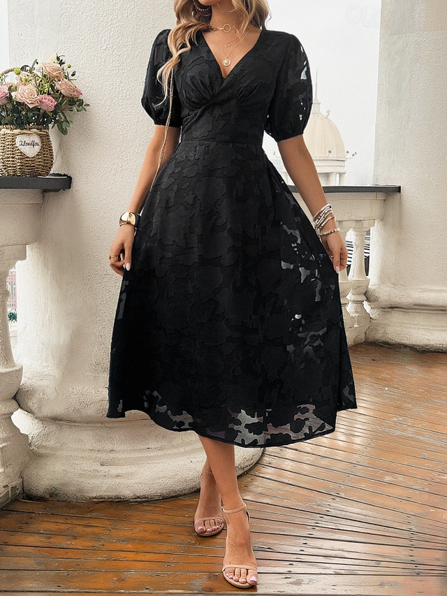  Women's Midi Dress A Line Dress Vacation Casual Boho Outdoor Going out Beach Loose Fit Solid Color Long Sleeve V Neck Black Red Blue Brown Summer Spring