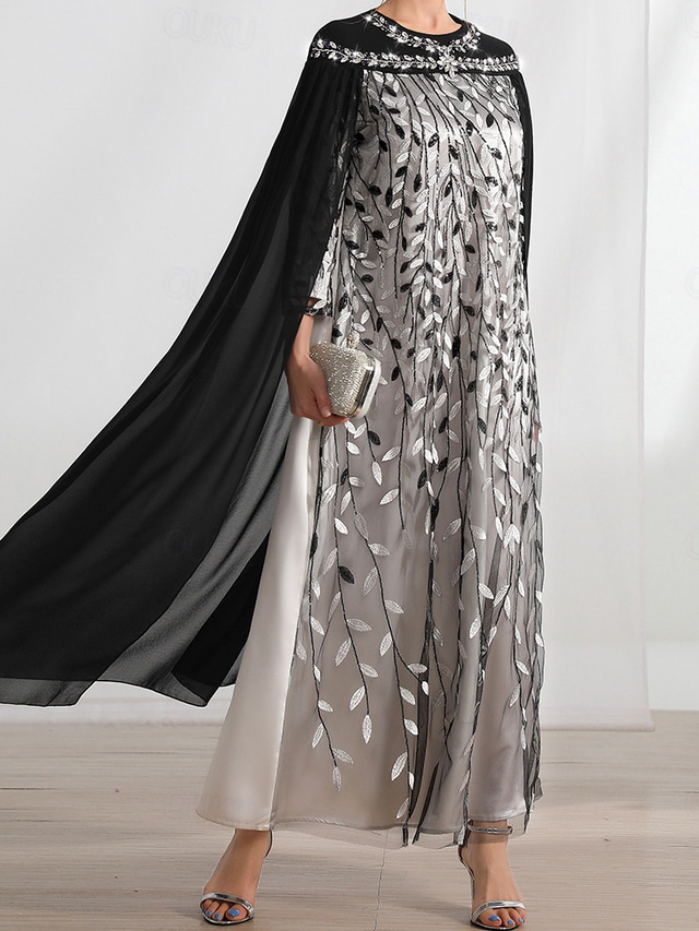  Cape Dress A-Line Mother of the Bride Dress Elegant Crew Neck Crystals Floor Length Long Sleeve with Embroidery Lace 2025