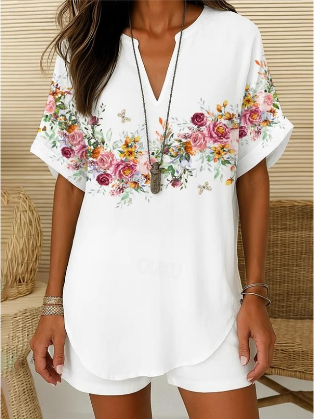  Women's Boho Shirt Floral Graphic Animal Elegant Bohemia Vintage Short Sleeve Regular Tops Daily Holiday Going out White Pink Blue Summer Spring