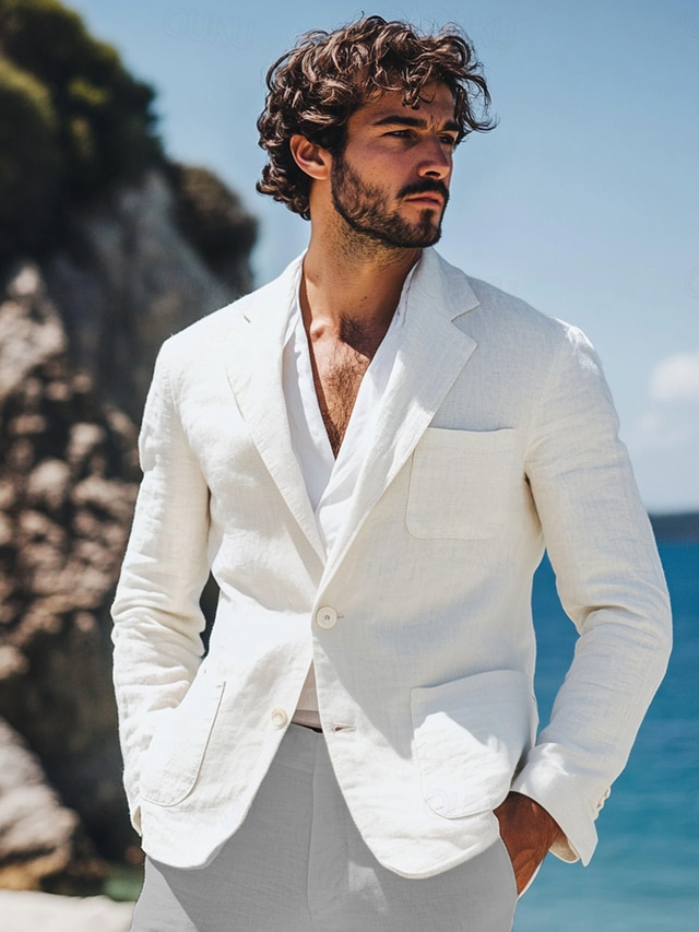  Men's Linen Blazer Sport Coat Casual Daily Vacation Fashion Summer Spring Linen Cotton And Linen Solid Color Comfy Single Breasted Two-button Blazer White Beige