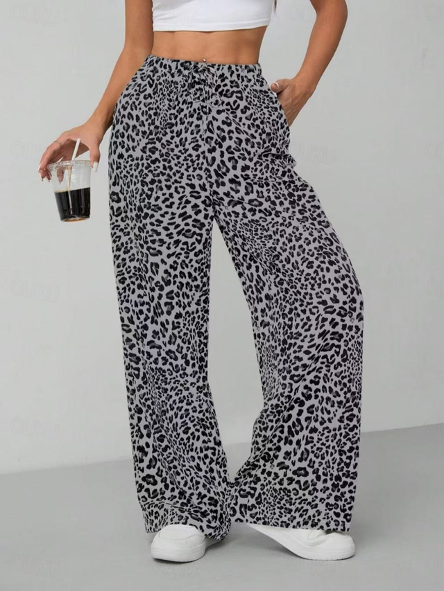  Women's Wide Leg Chinos Vacation Vintage Streetwear Full Length High Waist Leopard Pocket Elastic Waistband Printing Comfy Soft Comfortable Micro-elastic Outdoor Street Apricot Coffee Gray Summer