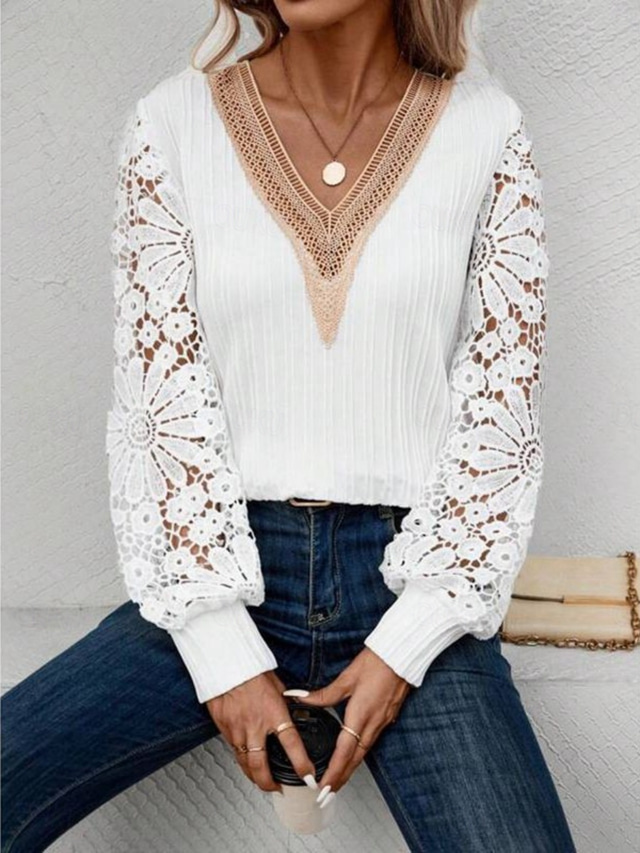  Women's Shirt Solid Color Elegant Stylish Basic Long Sleeve V Neck Regular Tops Daily Lace Patchwork White Summer Spring