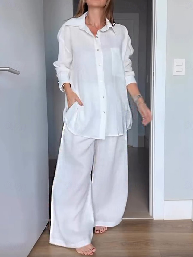 Dam Mode Streetwear Dagligen Byxuppsättningar Långärmad Tröjkrage Slät Semester Ledigt Dagligen Svart Vit Gul Sommar Lös passning