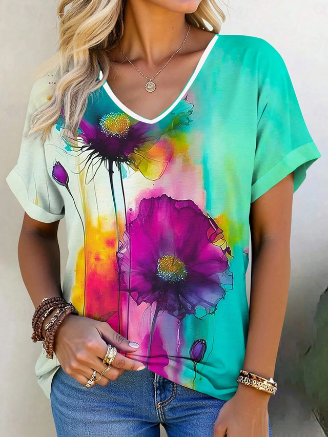  Women's T Shirt Floral Graphic Vintage Stylish Modern Short Sleeve V Neck Regular Tops Daily Print Pink Fuchsia Green Summer Spring