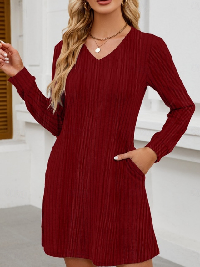  Women's Mini Dress A Line Dress Casual Daily Regular Fit Plain Long Sleeve V Neck Wine Light Brown Green Dark Gray Winter Autumn
