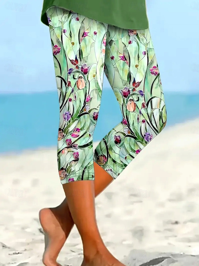  Leggings pentru femei Pantaloni Capri Fashion Streetwear Lungi până la gambă Talia înaltă Imprimare grafică florală Respirabil Moale Micro-elastic Exterior Zilnic Verde Vară Primăvară Ajustare