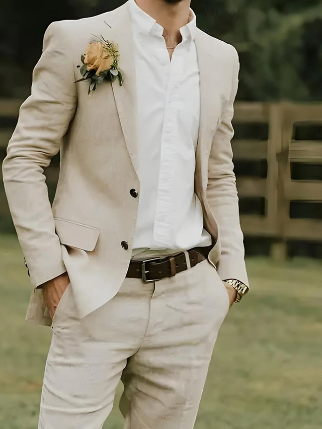  Men's Wedding Linen Suits Beige Lightweight Casual Solid Colored Standard Fit 2 Piece Single Breasted Two-buttons