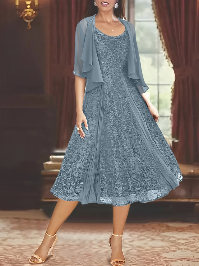  Zweiteilig A-Linie Brautmutterkleid Elegant Einfach Lässig U-Boot-Ausschnitt Knöchellänge Chiffon Langarm mit Spitze Rüschen 2025