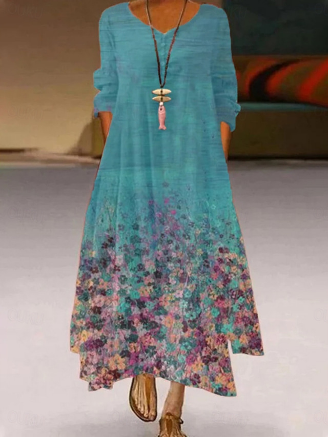  Women's Maxi Dress A Line Dress Casual Outdoor Going out Regular Fit Floral Graphic Long Sleeve V Neck Royal Blue Blue Green Khaki Fall