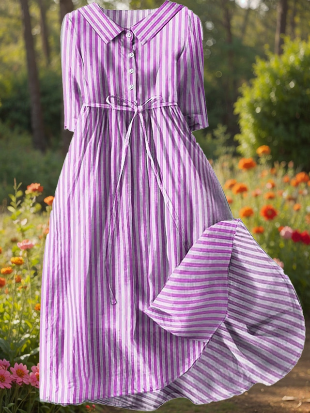  Per donna Abito Midi Abito a Tubino Casual Quotidiano Vestibilità regolare Grafico A righe Mezza Manica Colletto a Camicia Rosso Blu Viola Verde Estate Primavera