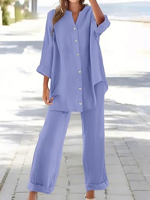  Dames Modieus Streetwear Dagelijks Broeken Sets Lange mouw Overhemdkraag Effen Vakantie Casual Dagelijks Geel Blozend Roze blauw Lente Ruim Passend