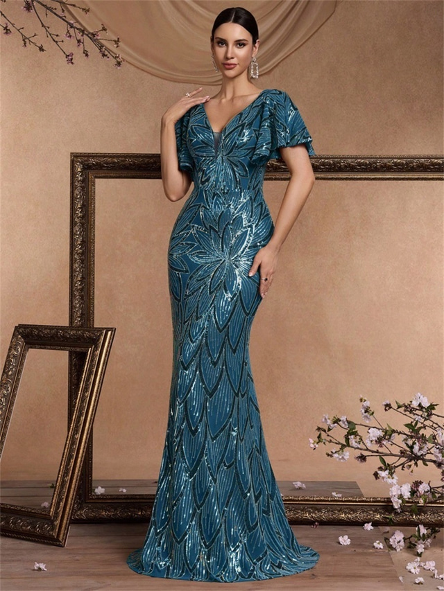  Mermaid / Trumpet Quinceanera Dresses Elegant Dress Formal Wedding Floor Length Short Sleeve V Neck Polyester V Back with Sequin