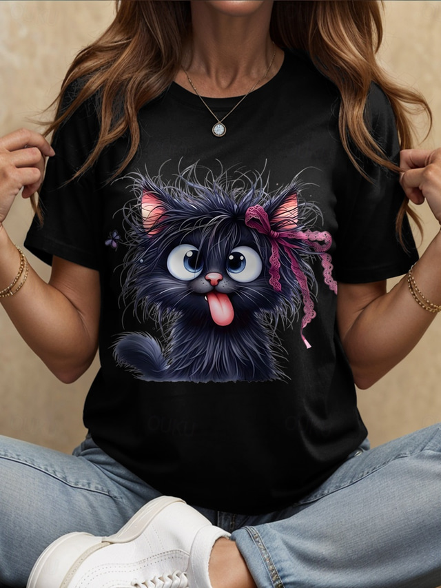  Women's T Shirt Graphic Animal Cat Vintage Stylish Classic Short Sleeve Crew Neck Round Neck Regular Tops Daily Weekend Print Black White Red Blue Purple Summer Spring