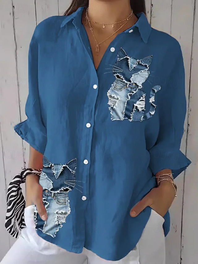  Women's Shirt Animal Vintage Tropical Daily Long Sleeve Shirt Collar Regular Tops Daily Holiday Going out Print Black White Blue Summer Spring