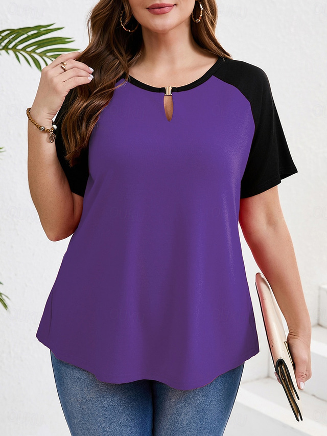  Women's Plus Size Tops T Shirt Solid Color Patchwork Short Sleeve V Neck Casual Daily Polyester Summer Spring Red Blue