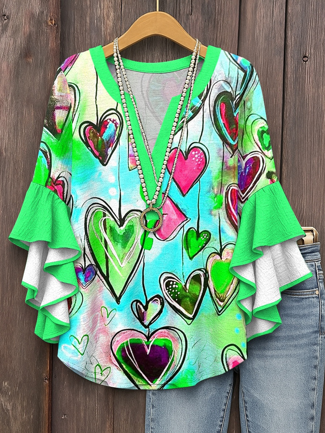  Women's Blouse V Neck Heart Graphic Bohemia Vintage Daily 3/4 Length Sleeve Regular Tops Daily Holiday Print Red Blue Purple Green Summer Spring Fall