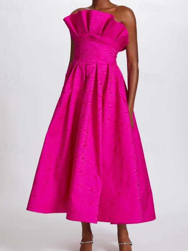  Moire A-Line Cocktail Dresses Elegant Dress Formal Semi Formal Wedding Tea Length Midi Length Sleeveless Strapless Satin Ruffles with Pockets