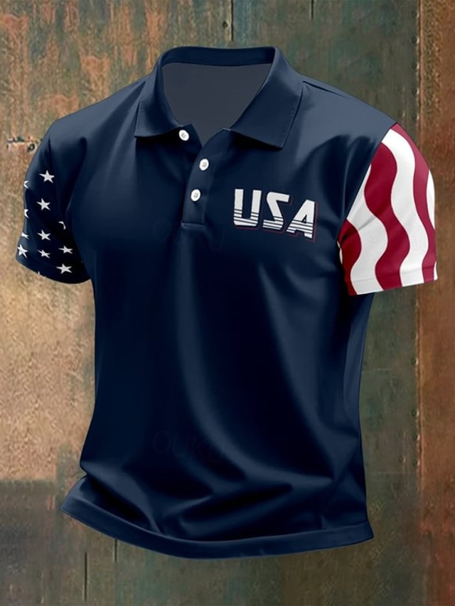  American Independence Day Men's American US Flag Polo Shirts Button Up Polos Golf Shirt Short Sleeve Polo Shirts Lapel Fashion Casual Daily Festival Print Summer Navy Blue