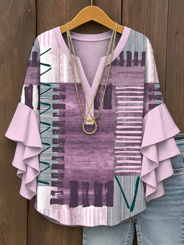  Damen Bluse Grafik Geometrisch Vintage Täglich Stilvoll Dreiviertelarm V Ausschnitt Normale Oberteile Täglich Ferien Urlaubskleidung Rüsche Druck Gelb Rosa Blau Purpur Grün Sommer Frühling