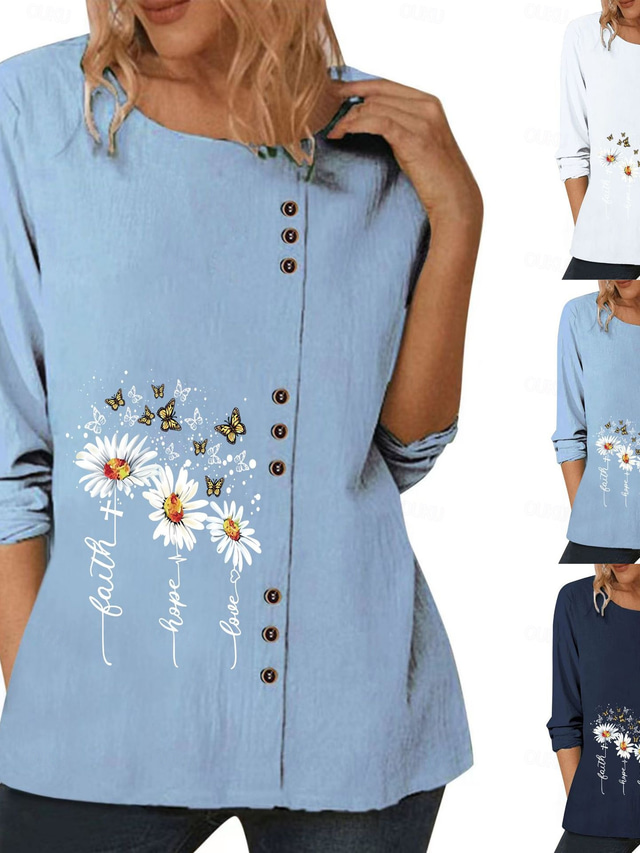  Women's Cotton Linen Blouse Floral Elegant Fashion Modern Long Sleeve Crew Neck Regular Tops Daily Going out Weekend White Blue Dark Blue Fall
