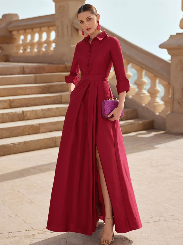  A-Line Evening Gown Elegant Dress Formal Wedding Guest Floor Length Long Sleeve Shirt Collar Pocket Satin with Slit 2025
