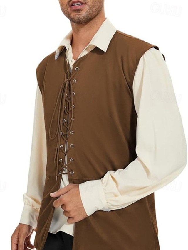  Voor heren Vest Buiten Dagelijks Vintage Lente Herfst Veters Polyester Comfortabel Effen V-hals Normale pasvorm Donker Bruin Zwart Rood Licht Bruin Hesje