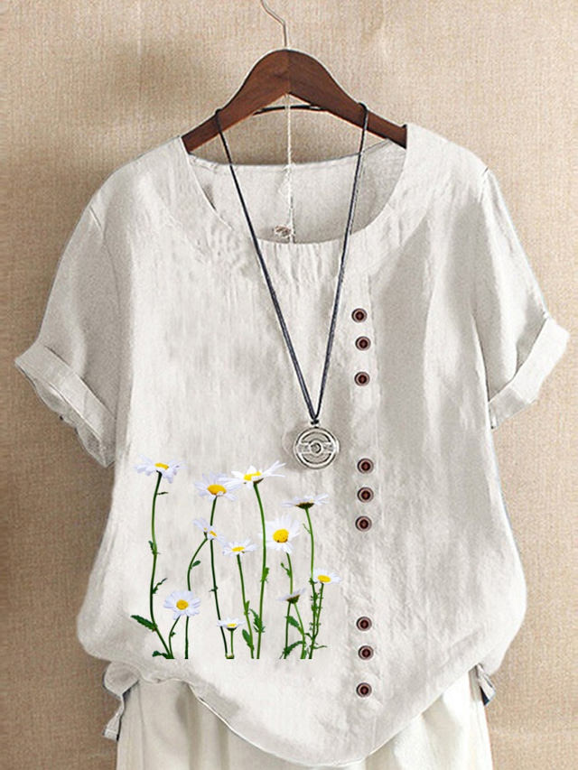  Femmes Chemises en coton et lin Fleuri Graphique Élégant ancien Tropical Sans manches Manche Courte Col ras du cou Hauts Réguliers Quotidien Fête Vêtements de vacances Boutons Blanche Jaune Rose