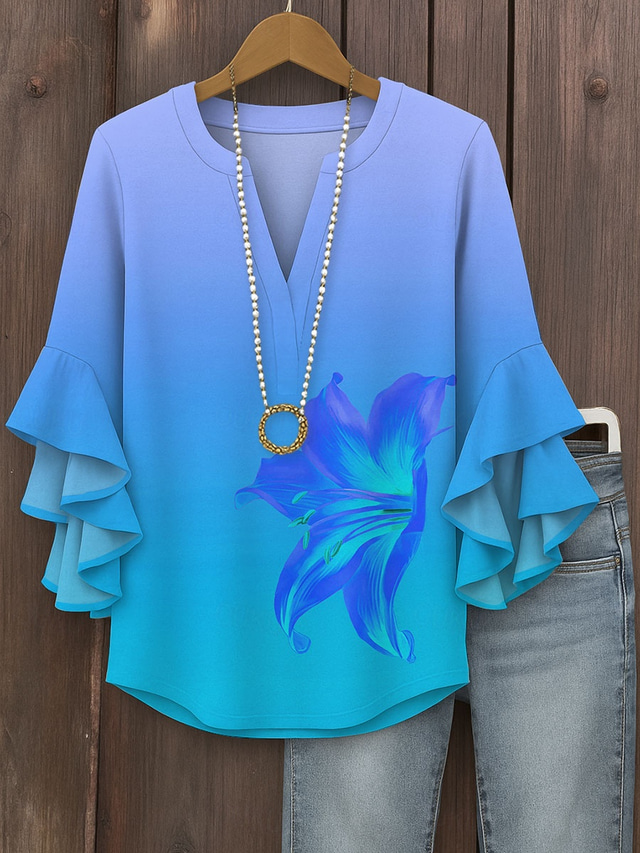  Women's Blouse V Neck Ombre Floral Graphic Vintage Daily Ethnic 3/4 Length Sleeve Regular Tops Daily Holiday Vacation Wear Print Blue Purple Orange Summer Spring