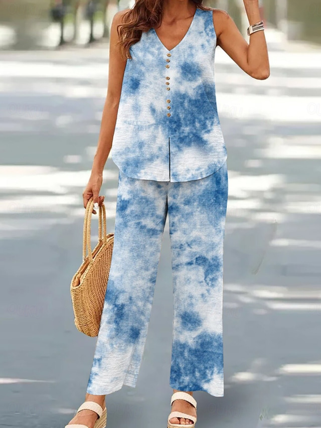  Women's Fashion Streetwear Daily Pants Sets Sleeveless V Neck Floral Geometric Print Casual Daily Black White Navy Blue Summer Loose Fit
