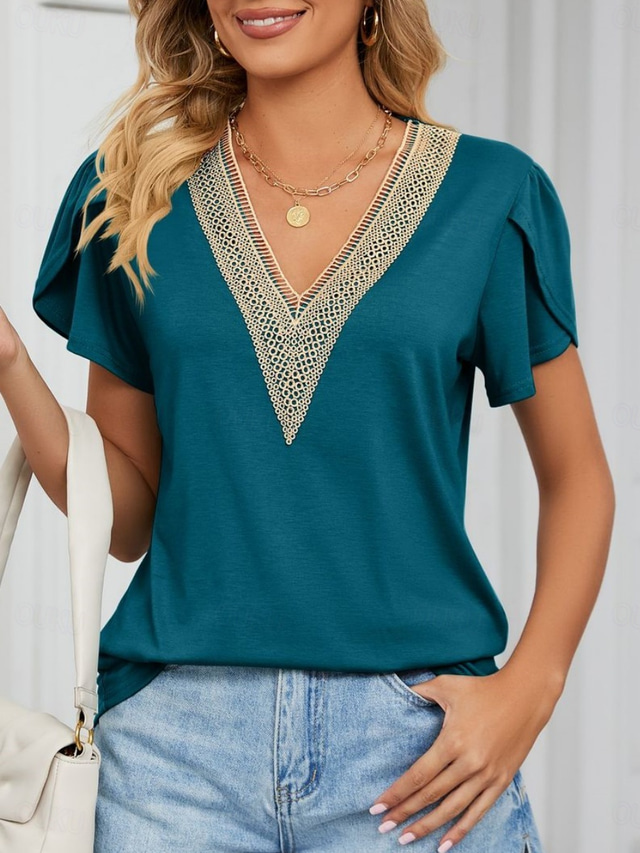  Women's T Shirt Plain Fashion Stylish Classic Short Sleeve V Neck Regular Tops Daily Weekend Patchwork Light Green Blue Green Gray Summer Spring
