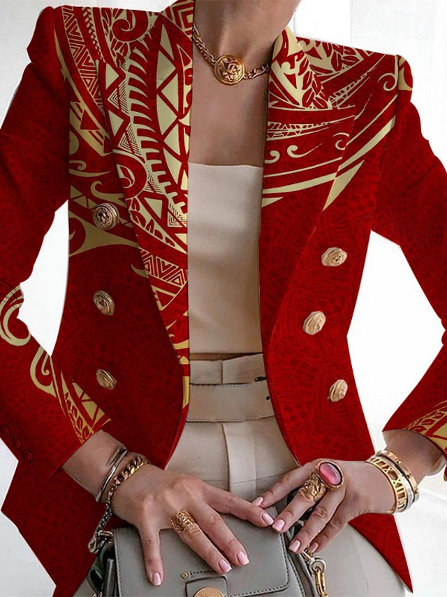  Women's Blazer Breathable Comfortable Print Casual Leaf Work Office / Career Double Breasted Regular Turndown Regular Fit Long Sleeve Outerwear Black Wine Green Summer
