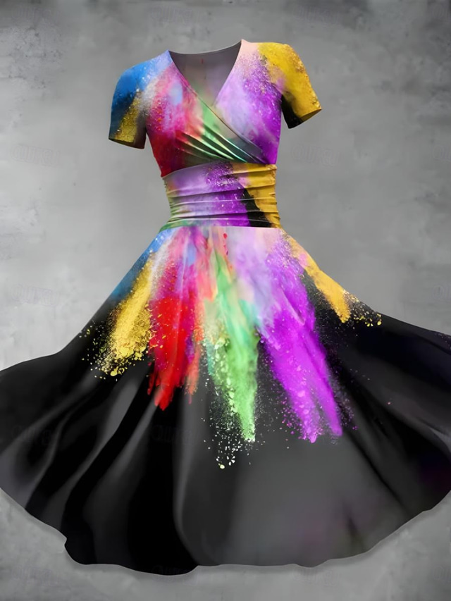  Femmes Robe Midi Robe trapèze Robe d'été Robe ajustée et évasée Fête Occasionnel Quotidien Fête Coupe régulière Graphique Géométrique Bloc de Couleur Manche Courte Col en V Noir Violet Vert Été