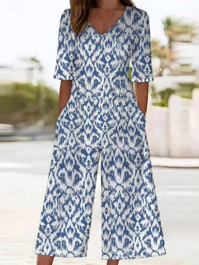  Women's Normal Jumpsuit Active Abstract Half Sleeve Wide Leg Round Neck Pocket Print Vacation Daily Regular Fit Blue Summer
