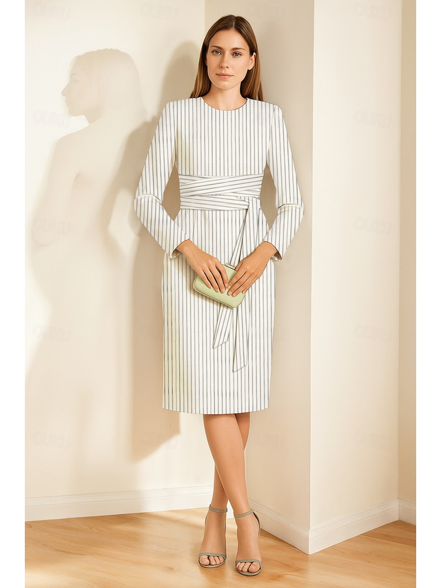  Blazer Dress Pinstripe Sheath / Column Mother of the Bride Dress Tuxedo Dress Elegant Simple Minimalist Crew Neck Tea Length Stretch Fabric Long Sleeve with Sash / Ribbon