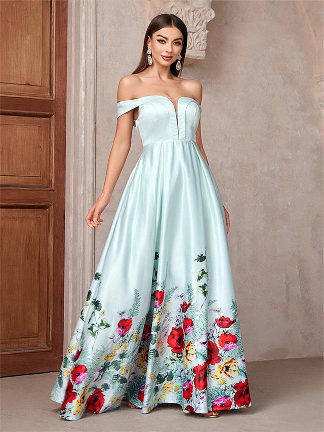  A-Line Evening Gown Elegant Dress Formal Wedding Floor Length Off Shoulder Satin Backless with Floral Print