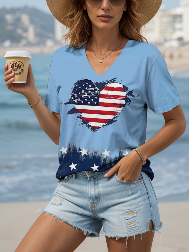  Jour de l'Indépendance T-Shirt Femme Patriote Quatrième Juillet Graphic Coeur Drapeau Américain Vintage Élégant Classique À Manches Courtes Col V Regular Tops Quotidien Imprimé Blanc Rose Rouge Bleu
