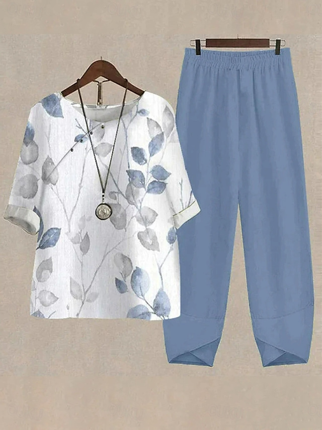  Women's Basic Shirt Pants Sets Half Sleeve Round Neck Graphic Butterfly Abstract Print Holiday Weekend Red Blue Dusty Blue Summer Regular Fit