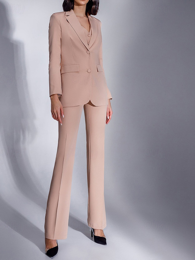  Jumpsuit / Pantsuit 3 Piece Pantsuit Mother of the Bride Tailored Jacket Blazer Elegant Vintage Simple Lapel Floor Length Crepe Stretch Fabric Long Sleeve with Buttons