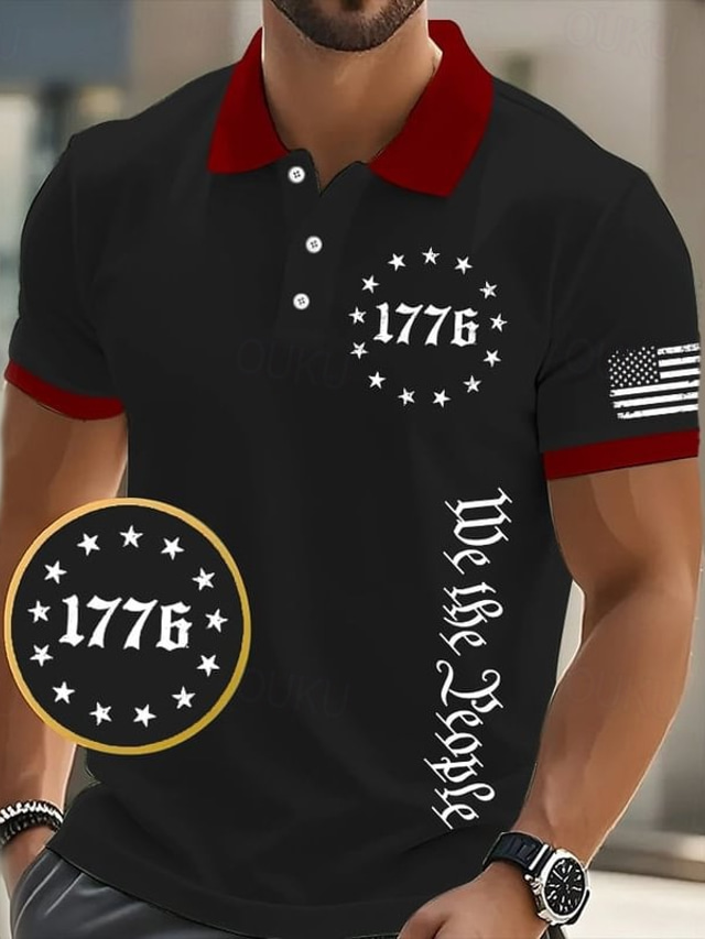  American Independence Day Men's 1776 National Flag Polo Shirts Button Up Polos Golf Shirt Short Sleeve Polo Shirts Lapel Fashion Casual Daily Festival Print Summer Black White