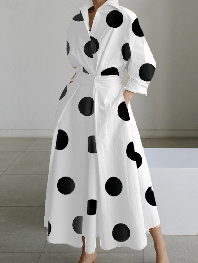  Women's Maxi Dress A Line Dress Casual Outdoor Going out Standard Fit Polka Dot Long Sleeve Turndown White+Black Black White Summer
