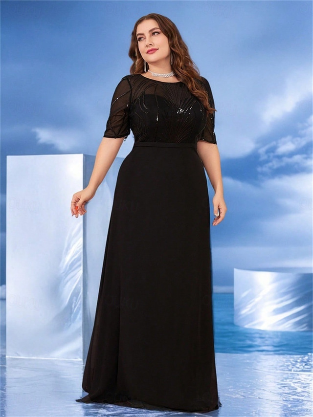  A-Lijn Plus Size Jurken Elegante Curve Jurk Formele Bruiloft Vloerlengte Halve Mouw Rundhals Chiffon met Beading 2025