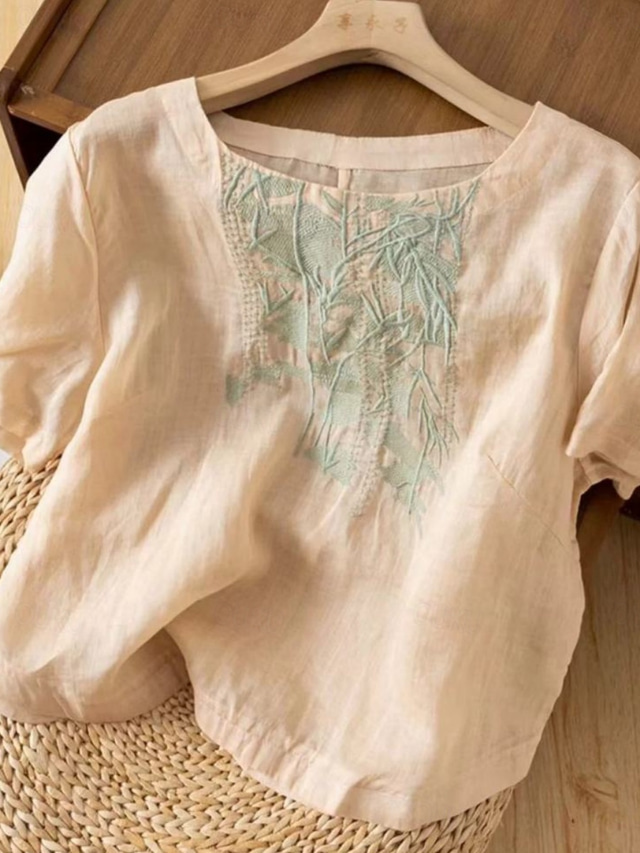  Women's Cotton Linen Shirts Solid Color Elegant Stylish Basic Short Sleeve Crew Neck Regular Tops Daily Embroidered Pink Purple Apricot Summer Spring