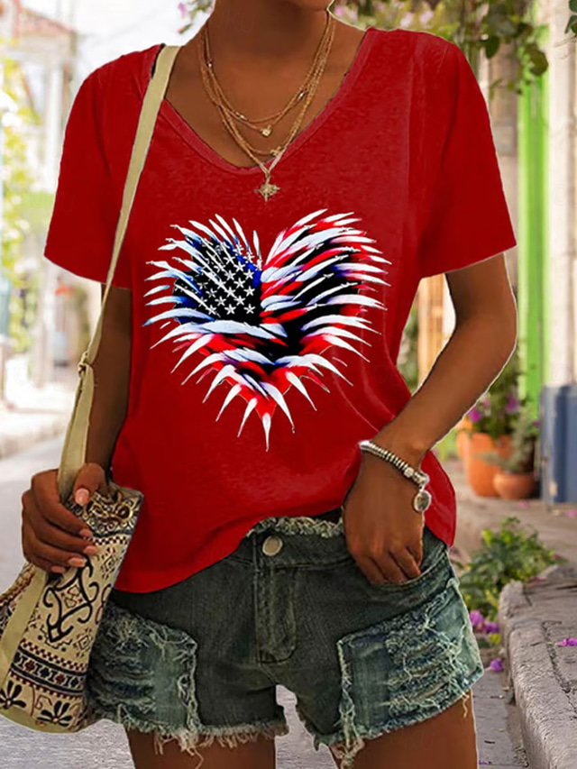  Women's Patriotic  T Shirt Graphic Flag American Flag Vintage Stylish Classic Short Sleeve V Neck Regular Tops Daily Weekend Print Black White Red Blue Green