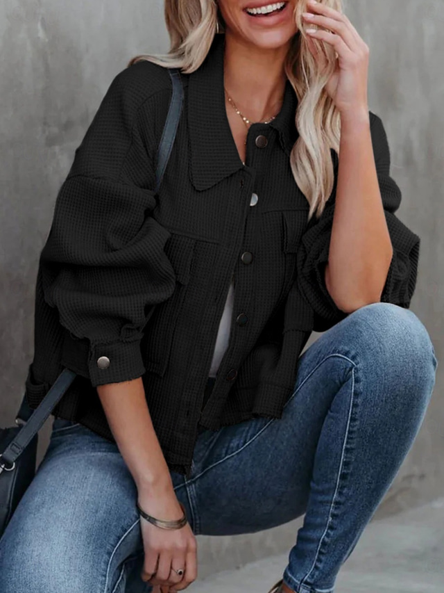  Mujer Chaqueta casual Cómodo Transpirable Bolsillo Botones Casual Plano Vacaciones Calle Casual Ropa Cotidiana Botonadura Simple Corto Cuello Vuelto Ajuste regular Manga Larga Ropa de calle Negro
