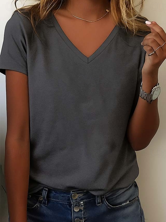  Women's 100% Cotton T Shirt Fashion Basic Casual Short Sleeve V Neck Regular Tops Daily Black White Gray Spring, Fall, Winter, Summer
