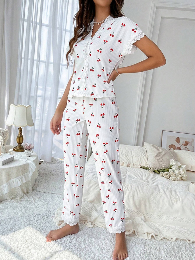  Women's Pajama Set Casual Comfort Cherry Elastic Waist Shirt Pant Home Daily Short Sleeve V Neck White Summer Spring Fall Regular Fit