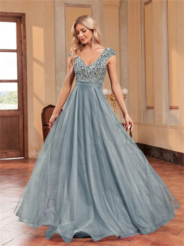  A-Line Quinceanera Dresses Elegant Dress Formal Wedding Floor Length Sleeveless V Neck Tulle V Back with Sequin