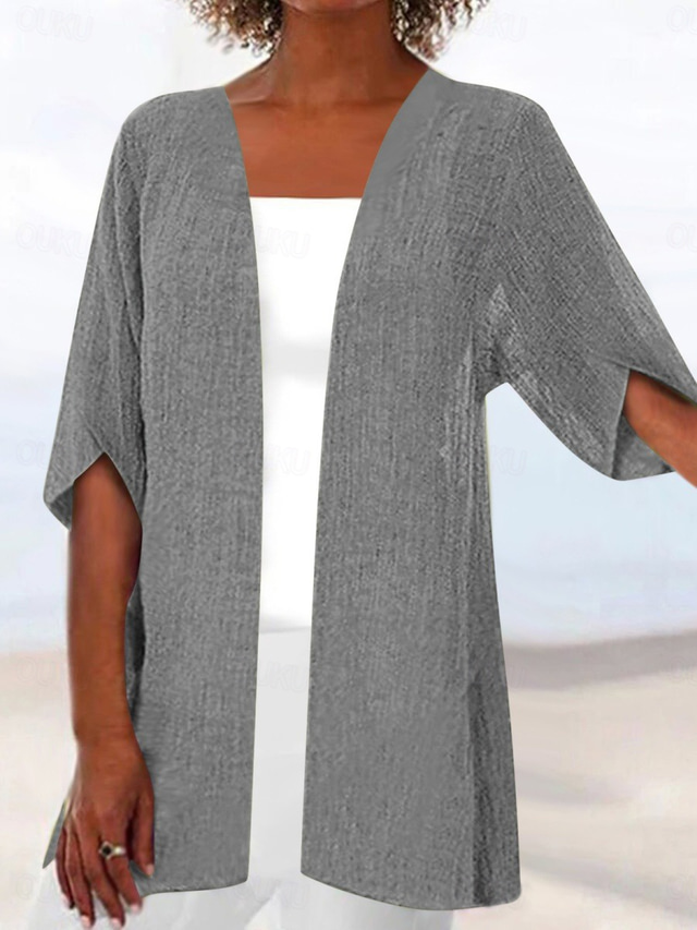  Women's Casual Jacket Breathable Comfortable Oversized Casual Plain Casual Daily Wear Open Front Regular Collarless Regular Fit Half Sleeve Outerwear Black White Pink Summer