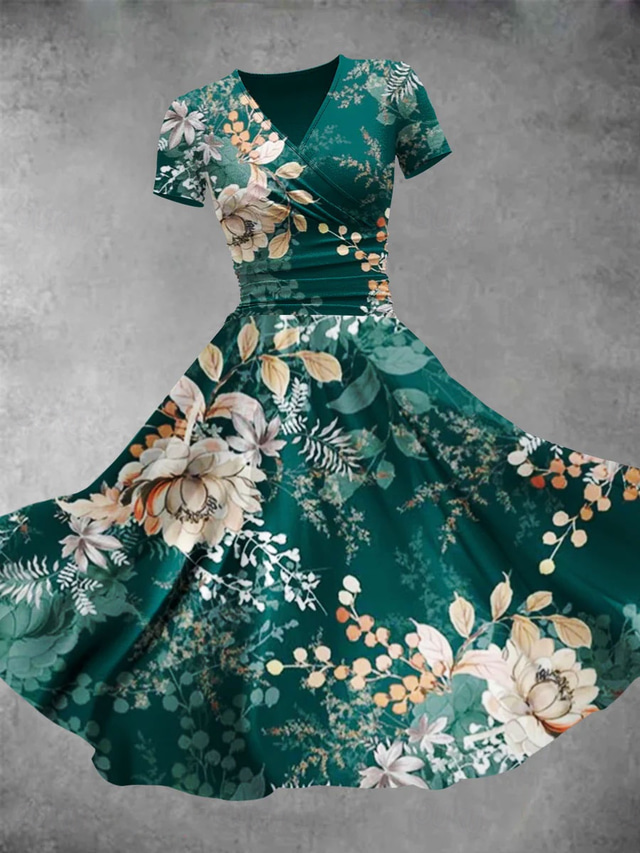  Damen Midikleid Shiftkleid Sommerkleid Urlaub Lässig Täglich Normale Passform Blumen Grafik Kurzarm V Ausschnitt Hellgrün Blau Grün Beige Sommer Frühling